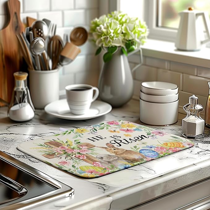Easter He Is Risen Bunny Dish Drying Mat for Kitchen Counter Spring Easter Cross Floral Eggs Drying Pad 16x18 In Microfiber Absorbent Holiday Dishes Drainer for Kitchen Counter Tableware