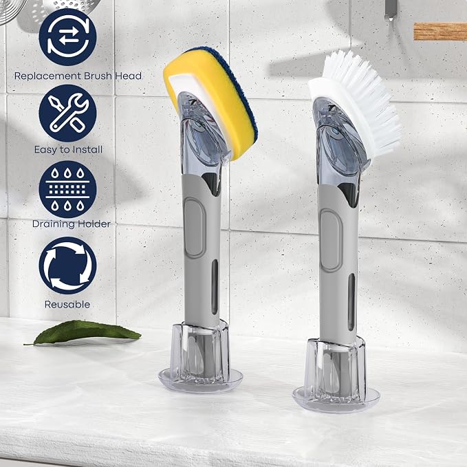 RIMAY Dish Brush Set with Soap Dispenser, 2 Refills and Storage Holder | Soap Dispensing Dish Brush dish scrubber with handle for Cleaning Dishes, Pans, Sink, Pots, Grey