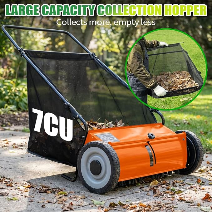 PPOLB 26" Push Lawn Sweeper, 7 cu.ft Large Capacity Yard Sweeper Push, 5:1 High-Density 4 Brushes, Adjustable Height, Heavy Duty Leaf Collector with Detachable Hopper, Rubber Wheels, Ergonomic Handle