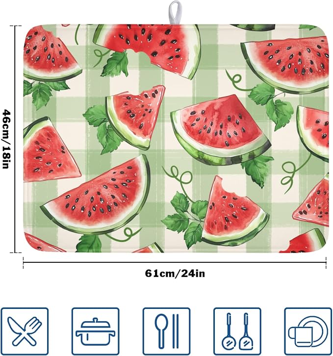 Summer Dish Drying Mat for Kitchen Counter Watercolor Watermelon Green Buffalo Plaid Microfiber Dish Drainer Mat Rustic Absorbent Washable Drying Pad Extra Large 18"x24"