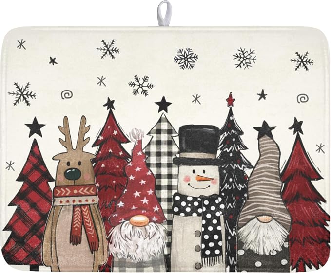 Giwawa Winter Snowman Gnome Dish Drying Mat Xmas Tree Dishes Pad 18"x24" Microfiber Fast Dry Dish Drainer Rack Mats Kitchen Countertop Accessories