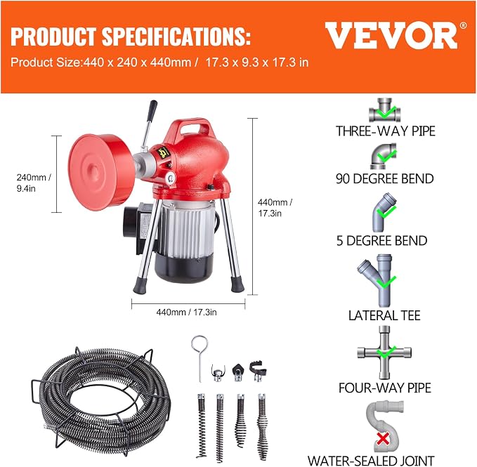 VEVOR Drain Cleaner Machine 66FT x 5/8 Inch, 250W Electric Sewer Snake Auger with 2 Sectional Steel Cables (66' x 5/8" and 15' x 3/8"), 7 Cutters and CW/CCW Control for 1.6" to 4" Pipes