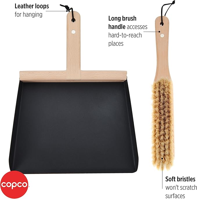 Copco Hand Brush and Dustpan Set - Wooden Beechwood Handle Broom and Dust Pan with Soft Bristles, Leather Loop Hanging Storage, Iron Dustpan, Kitchen and Home Cleaning Essentials