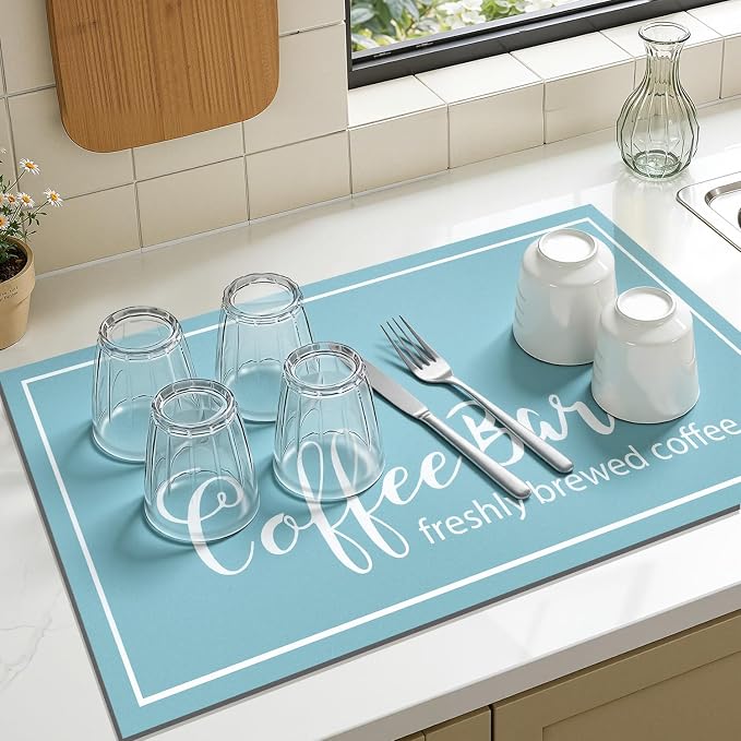 Findosom Dish Drying Mat, 17"x 32" Super Absorbent & Hide Stain Coffee Mat, Cuttable Drying Mat for Kitchen Counter, Coffee Bar Accessories, Under Dish Rack, Coffee Maker, Espresso Machine, Blue