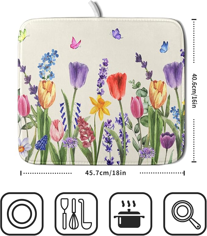 Spring Summer Colorful Flower Dish Drying Mat 16x18 Inch Spring Wildflowers Kitchen Pad Botanical Floral Drainer Rack Mats Absorbent Fast Dry Microfiber Dish Drying Pad for Countertop Table Decoration