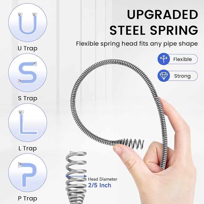 XJX Drain Auger, Plumbing Snake with Drill Adapter, 25FT Flexible Steel Drain Clog Remover, Manual or Powered for Kitchen, Bathroom & Shower Sink, with Gloves and Storage Bag Blue