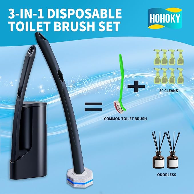 Disposable Toilet Brush with 50 Cleaner Refills Pads，Wall Mounted Toilet Bowl Holder Set，Toilet Cleaning System Starter Kit，Bathroom Cleaning System for Sink Bathtub Wash Basin