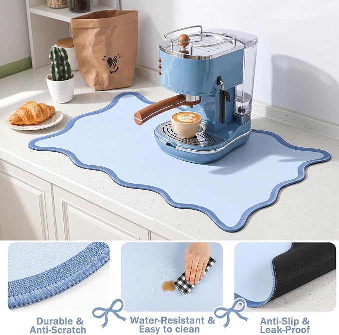 Nuanchu Blue Scalloped Dish Drying Mat for Kitchen Counter, Waterproof Easy Clean Non-slip Coffee Bar Station Accessories, Trendy Cute Aesthetic Modern Drainer Kitchen Drying Mat, 12" x 19"