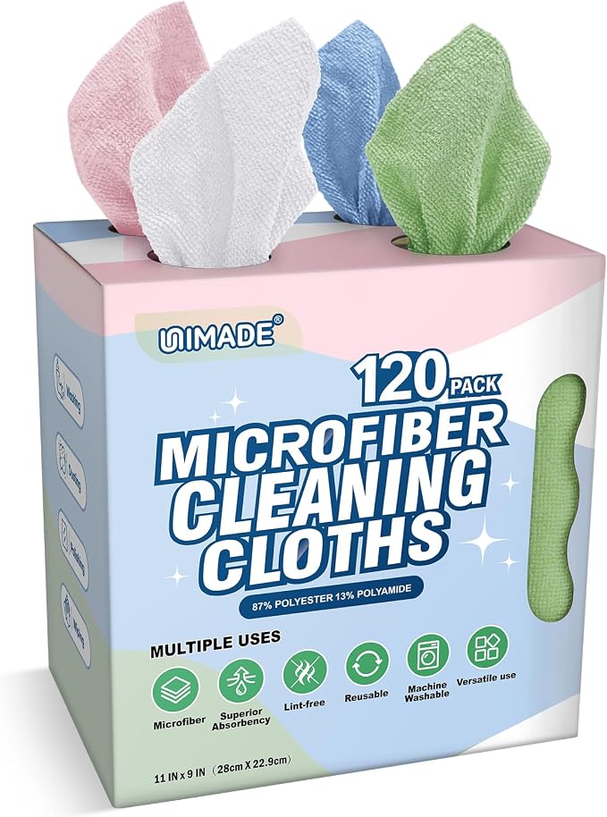 UNIMADE Microfiber Cleaning Cloth, 120 Pack Reusable Paper Towels Microfiber Towels for Cars Lint Free Shop Rags with for Home Kitchen Automotive, 11"x 9", White & Green & Blue & Pink