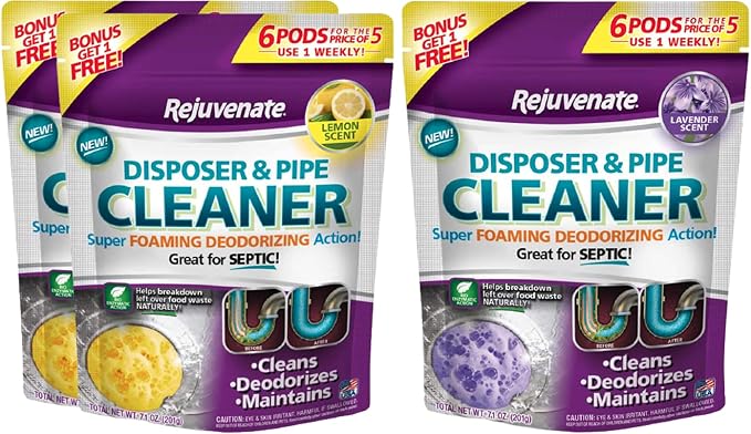 Rejuvenate Garbage Disposal and Drain Pipe Cleaner Pods Powerful Foaming Action and Removes Garbage Disposal Smells 6 Unit Pack Lemon Scent x2 & Lavender pack
