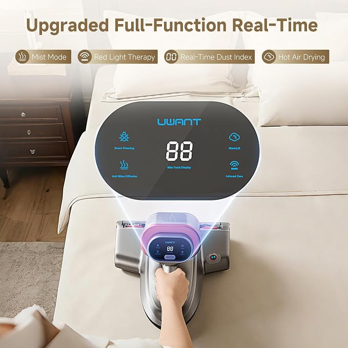 uwant 20Kpa Powerful Mattress Vacuum 700W Motor Bed Vacuum Set of 1 | Triple Hot Bed Vacuum, 60000RPM Tap, Aroma Care, UV-C Light and Ultrasonic, 20.3 oz Dust Cup, Mattress Vacuum for Bed, Sofa