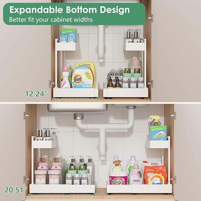 REALINN L-Shaped Under Sink Organizer with 6-Level Height Adjustment & Expandable Width, Pull-Out Cabinet Storage Rack with Quiet Sliding Rails for Kitchen, Bathroom, Laundry Room Cabinets, White