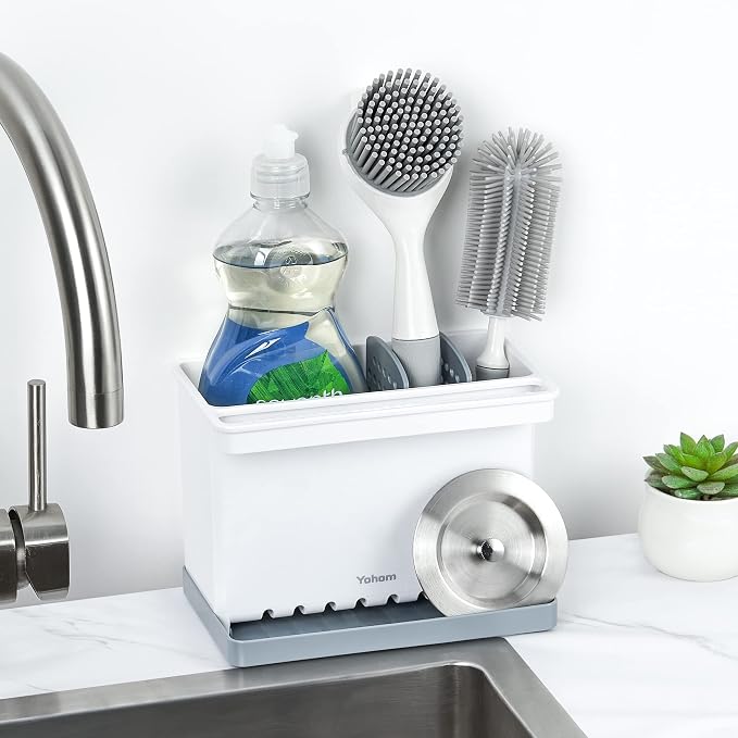 YOHOM Sink Brush Holder for Kitchen Sink Sponge Caddy Countertop Organizer Plastic Dish Scrubber Holder with Dividers