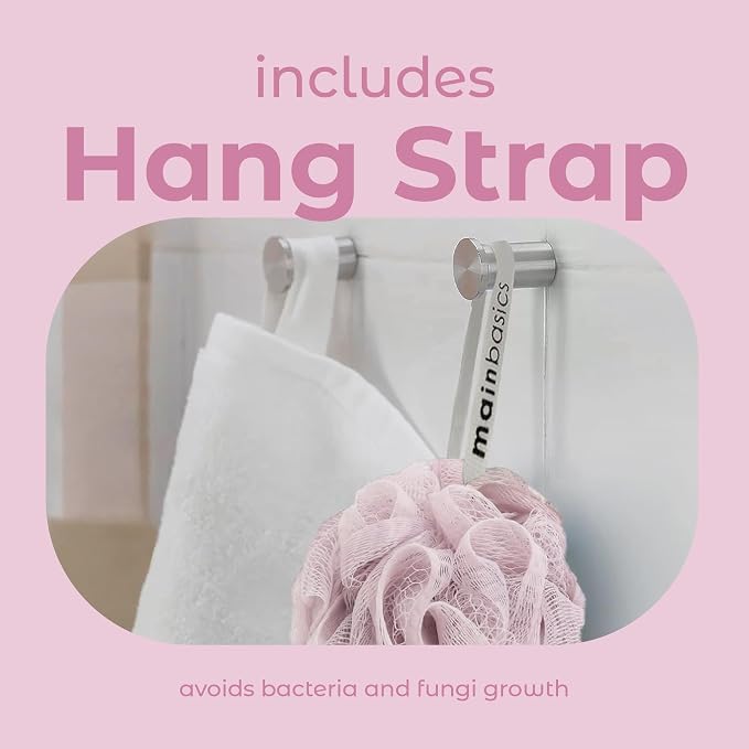 MainBasics Shower Loofah Sponge Pouf, Set of 3, Perfectly Pink | Soft Mesh Body Scrubber and Bath Sponge for Gentle Exfoliation, Rich Lather, and Everyday Shower Use