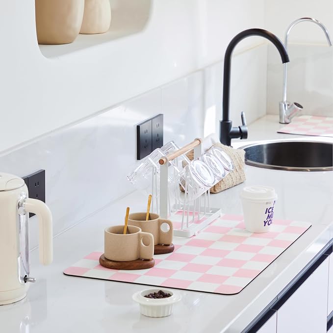Ohocut Checkered Dish Drying Mat for Kitchen Counter, Coffee Bar Station Accessories, Retro Cute Aesthetic Girly Women Modern Absorbent Drainer Mat Kitchen Drying Mat Easy Clean, Pink 16" x 24"
