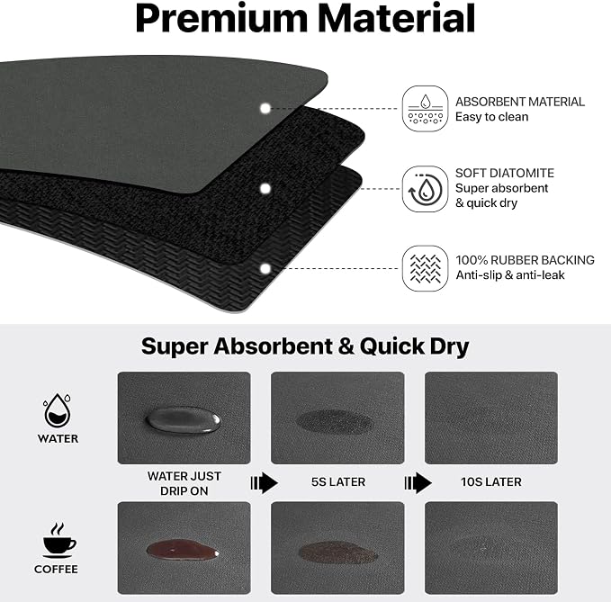 2PCS 12" x 19" Dish Drying Mat & 24" x 5.5" Faucet Mat for Kitchen Sink, Super Absorbent Kitchen Counter Mats & Sink Splash Guard, Easy to Clean Dark Gray Dish Rack Pad for Dishes Countertop