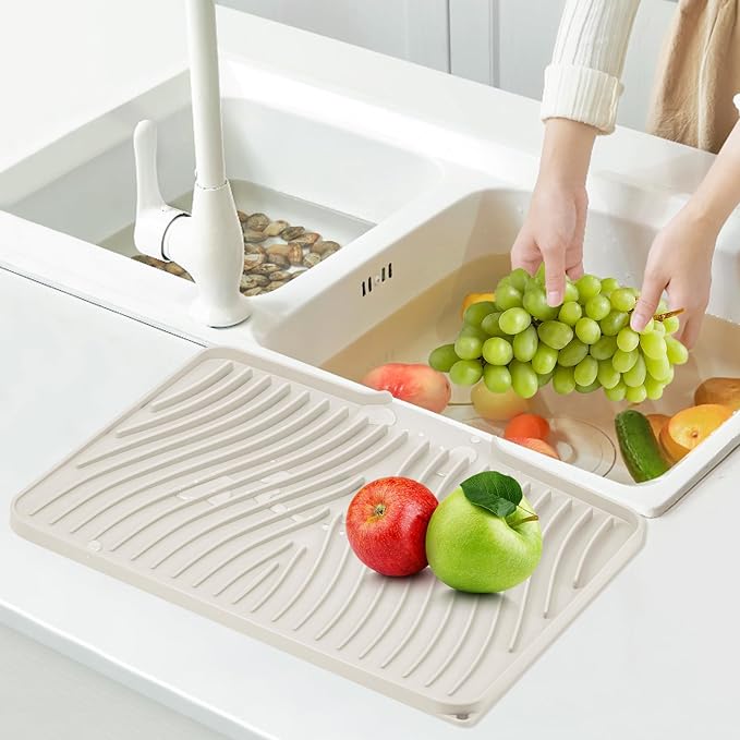 TIKNIK Silicone Dish Drying Mat for Kitchen Counter - Heat Resistant & Non-Slip Dish Drain Pad with Built-In Drain, Dishwasher Safe, Quick-Dry, Hangable & Roll-Up for Storage, Cream-2pcs, 16" x 12"