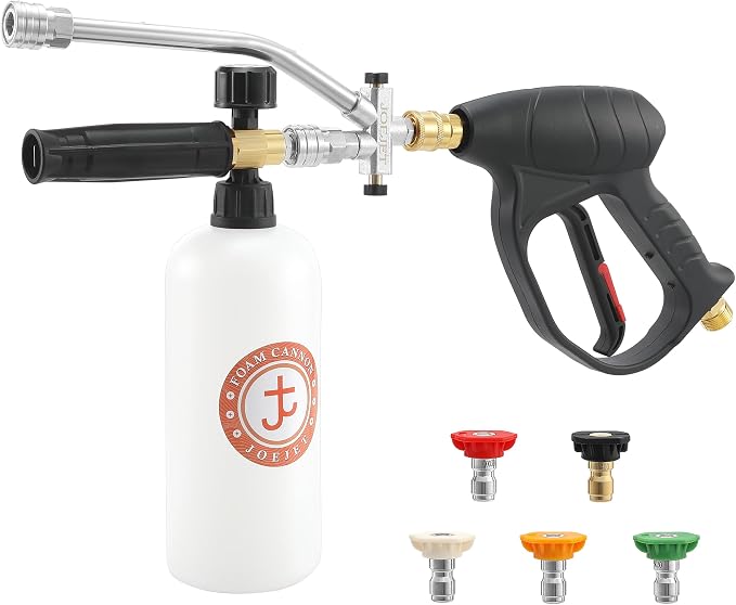 JOEJET Pressure Washer Gun and Foam Cannon Kit, M22-14mm | 1/4" Quick Connect Dual Wand with 1 L Bottle and 5 Nozzle Tips, Not for Garden Hose or Faucet
