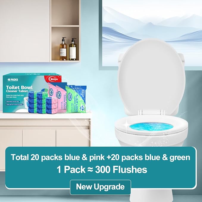 Msvvko Toilet Bowl Cleaner Tablets 40 Packs, Two Colors Toilet Bowl Cleaners with Sustained-Release Technology, Keep Bathroom Toilet Stain Free and Prevent Limescale Buildup, 106oz