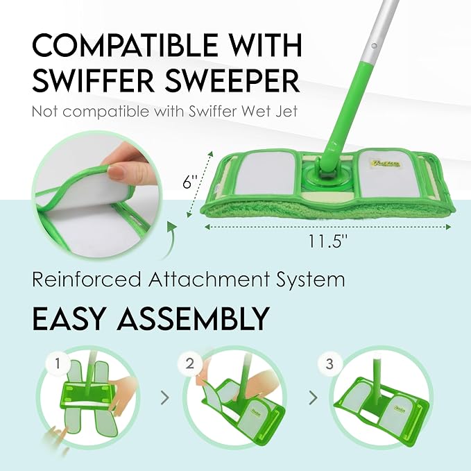 Reusable Pads Compatible with Swiffer Sweeper Mops - Washable Microfiber Mop Pad Refills by Turbo - 12 Inch Floor Cleaning Mop Head Pads Work Wet and Dry - 2 Pack