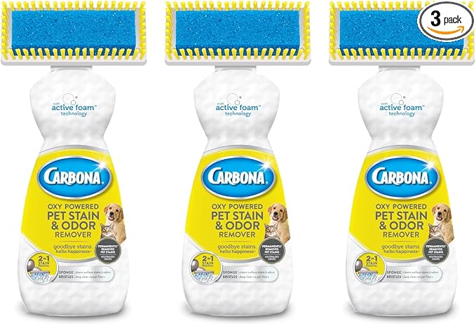 Carbona Oxy-Powered Pet Stain & Odor Remover, 2-in-1 Foaming Carpet Cleaner with Built-In Brush, Targets Urine, Vomit, Mud Messes from Dogs, Cats, 13.5 Oz (Pack of 3)