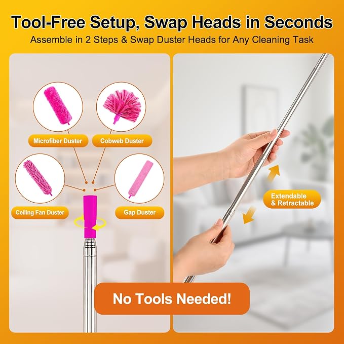 Tiumso 5-in-1 Duster with Extension Pole 100 inch Extendable Dusters for Cleaning Anti-Spin Reusable Dusting Kits for High Ceiling Fans, Cobwebs & Vents, Reinforced Stainless Steel Telescopic Handle