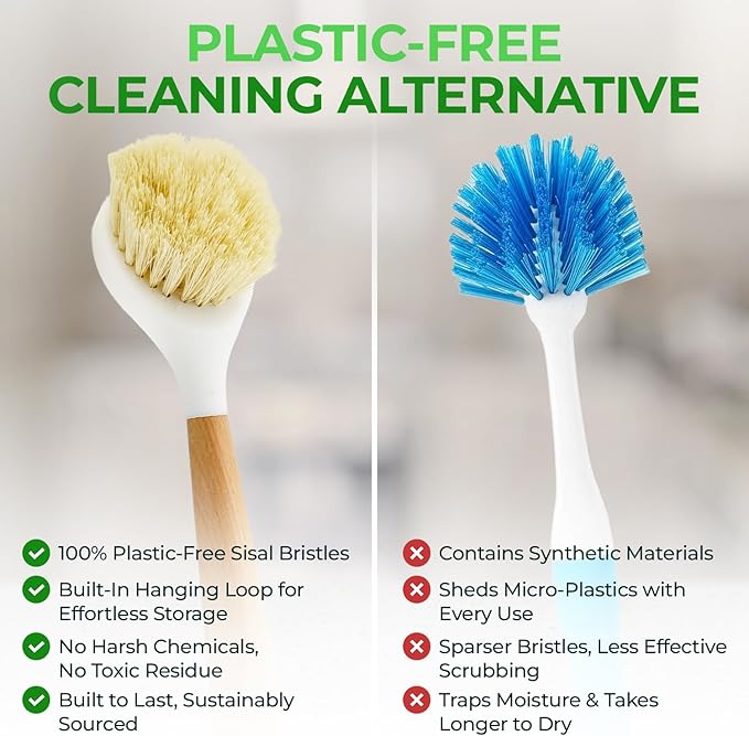 AIRNEX Wooden Dish Brush Set of 2 - Dish Brush with Handle Made of Wood & Sisal Bristles, Non Scratch Kitchen Scrub Brush for Dishes, Pots & Pans, Dish Scrubber with Plastic Free Bristles
