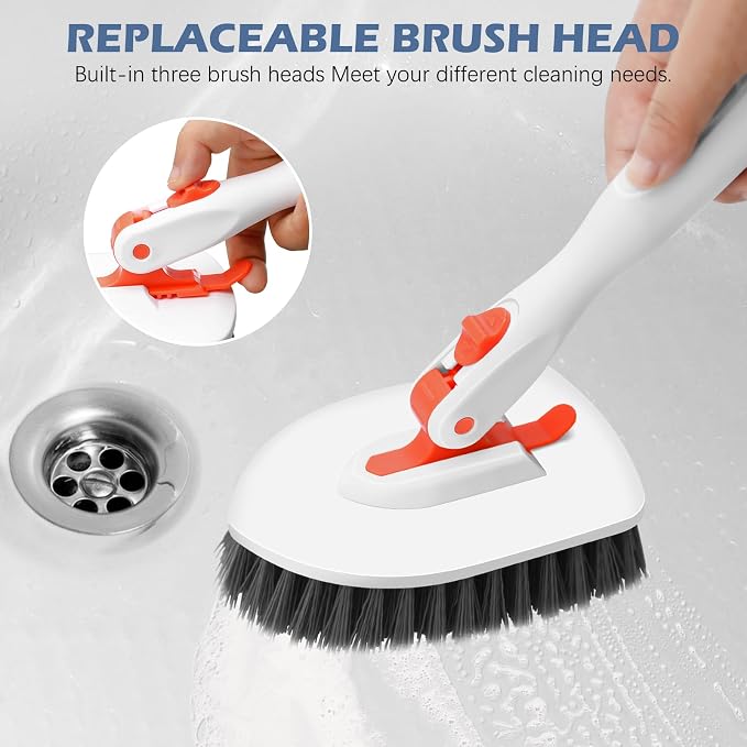 SetSail Tile Tub Scrubber Brush 3-in-1 Shower Scrubber with Long Handle | with 3 Detachable Replacement Brush Head, Multi-Angle Cleaning Locks at 45°, 90°, 180° for Bathroom Kitchen Walls Tub Tile