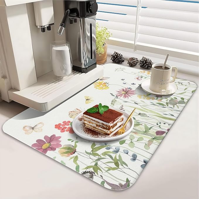 Dish Drying Mat 2-Pack with Floral for Kitchen Counter Absorbent Dishes | Diatom Mud Mats (18x24, 19.5x12"). Non-slip rubber back for kitchen counter, coffee bar & sink scenes