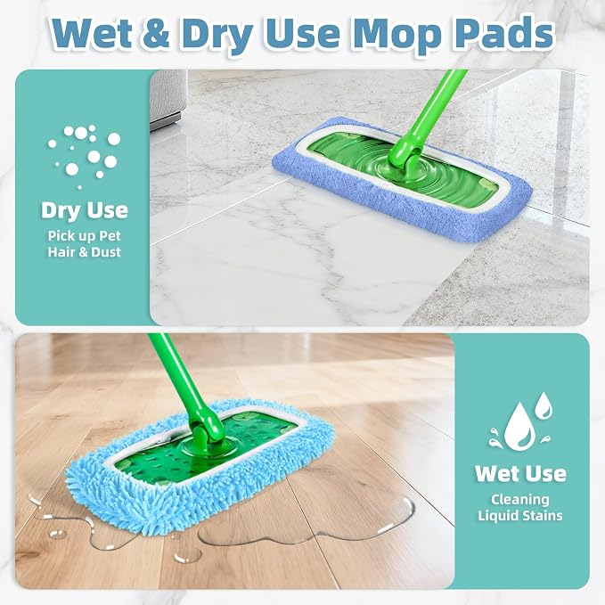 4 Pack Reusable Mop Pads Compatible with Swiffer Sweeper Mop (Normal and Deluxe), Microfiber Wet & Dry Sweeping Cloth, Reusable Washable Pads for Floor Cleaning (Blue, Not Include Mop)