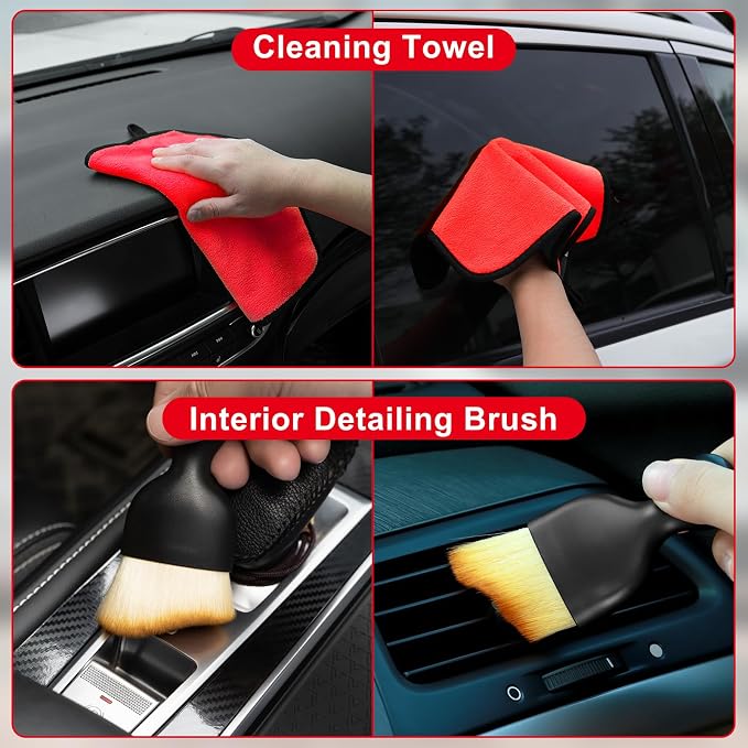 Windshield Cleaner Tool, 17Pcs Red Car Interior Cleaning Kit, Car Detailing Kit Interior Cleaner, Car Detailing Brushes, Car Cleaning Gel, Inside Cleaning Supplies Accessories for Women Girls