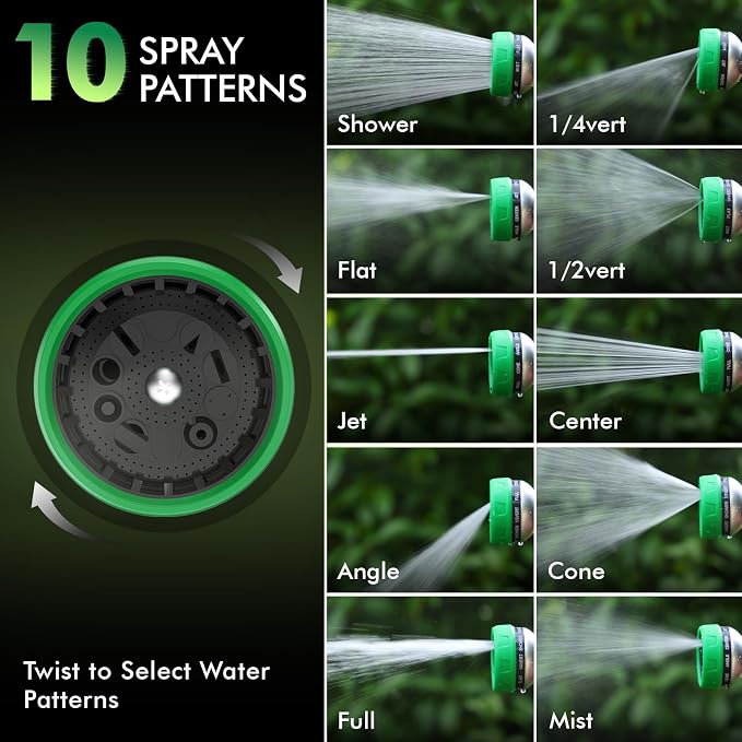 RESTMO 10-in-1 Water Hose Nozzle, Garden Hose Sprayer for Outdoor | 10 Spray Patterns, Lightweight, Thumb Control for Flow Adjustment, Ideal for Watering Plants & Lawns, Cars & Pets, Green