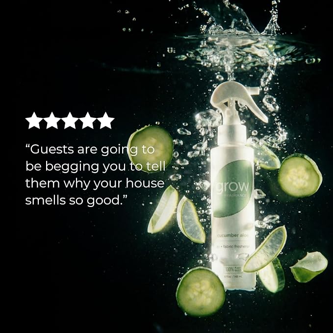 Grow Fragrance Certified Non Toxic, 100% Plant Based Fabric and Room Air Freshener Spray. Made with All Natural Essential Oils (Cucumber Aloe 2 Pack) 2 x 5oz