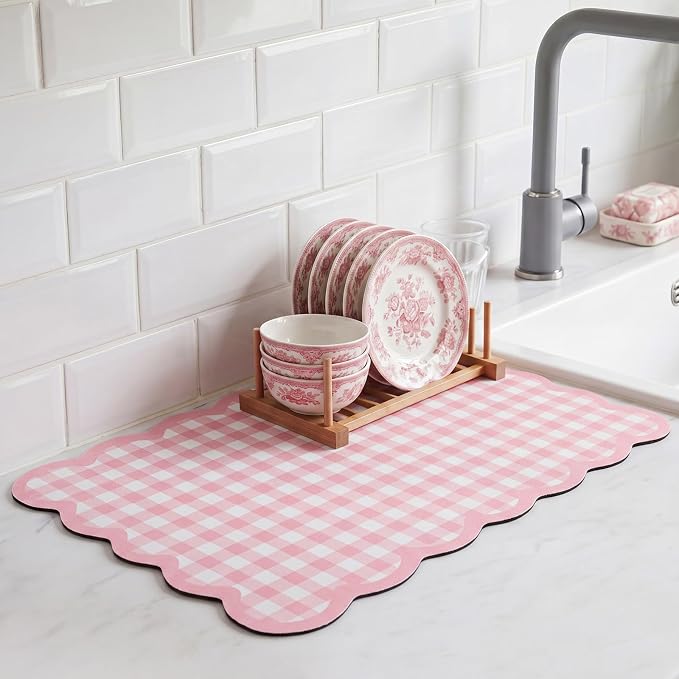 Scalloped Gingham Coffee Mat 12" x 20" Absorbent Coffee Bar Mat Gingham Espresso Matt for Counter(Pink)