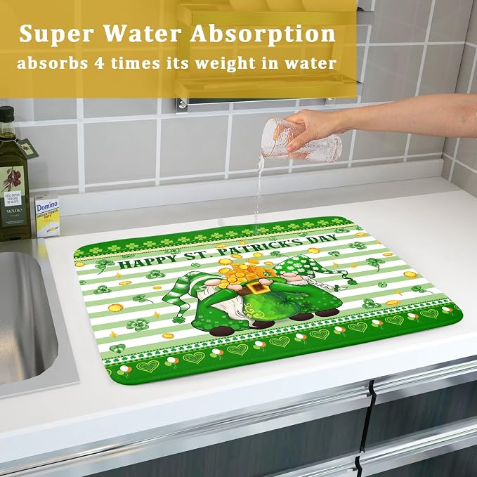 Shamrock Gnome Dish Drying Mat Coin Clover Dishes Fast Dry Mat 18x24 inch Absorbent Microfiber Dishware Drainer Pad for Kitchen Counter Sink