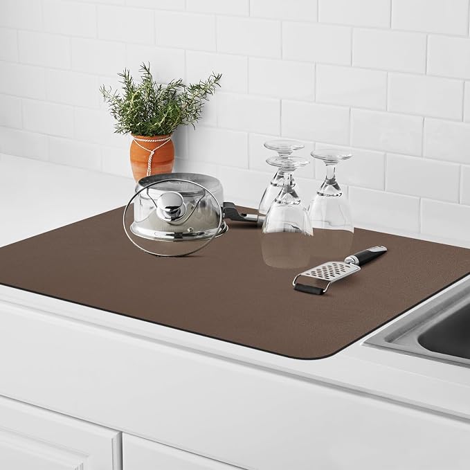 Dish Drying Mat, 16" x 24" Dish Drying Rack Pad with Rubber Backed, Absorbent Coffee Bar Mat for Kitchen Countertop, Easy to Clean Espresso Mats, Fit Under Coffee Machine, Brown