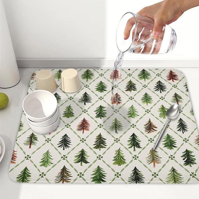 Christmas Dish Drying Mat for Kitchen Counter Xmas Theme Green Trees Dish Drainer Mat Rustic Farmhouse Winter Holiday Absorbent Washable Drying Pad 16"x18"