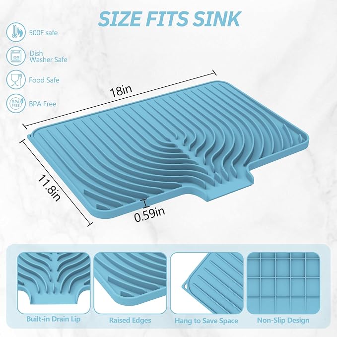 Dish Drying Mat for Kitchen Counter, with Built-in Drain Lip, Food-Grade Silicone, Easy Clean Pad for Countertop Protection, Multi-Functional Use (18x11.8, Light Blue)