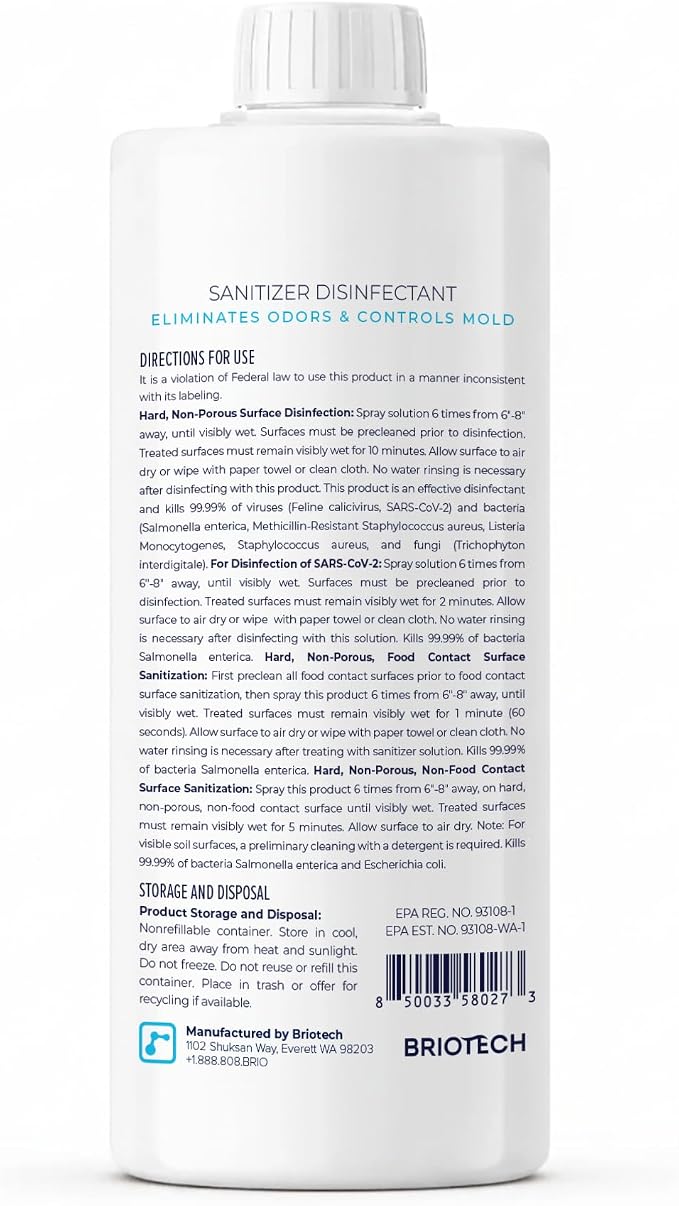 BRIOTECH Sanitizer Disinfectant Hypochlorous Spray, Kill 99.99% of Viruses & Bacteria, Control Mold, Eliminate Odor, Gentle for Nursery & Play Rooms, Food Contact Surface Sanitizer, 32 fl oz Refill