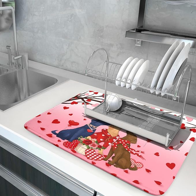 Love Dog Dish Drying Mat 18"x24" Red Heart Microfiber Dish Drainer Mat Hanging Loop Absorbent Fast Dry Pad Kitchen Counter Bar Accessories