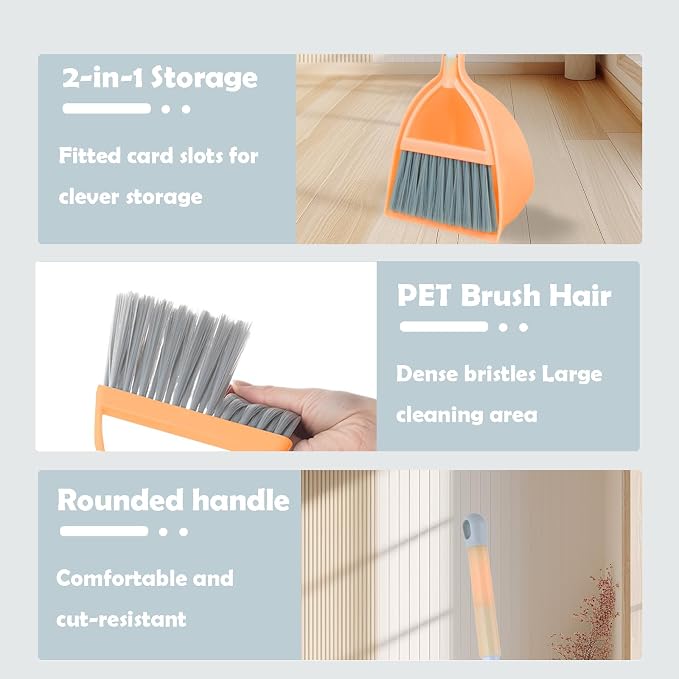 Mini Broom with Dustpan-Small Housekeeping Cleaning Sweep for Kitchen Bathroom Pet Nest Boat(3set,Blue+Orange+Yellow)
