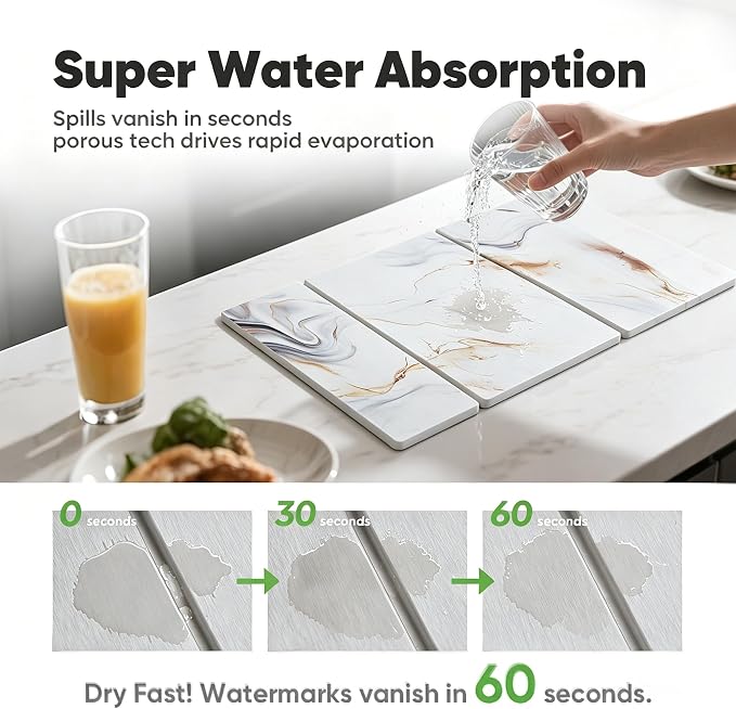 Stone Drying Mat for Kitchen Counter, Quick Diatomaceous Earth Mats for Dishes, 24"L x 16" W Super Absorbent Fast-Drying Collapsible Countertop Stone Mat (Marble White-08, 24" x 16")