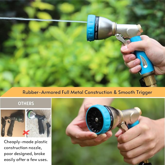 HOSUN 100% Metal Garden Hose Nozzle Sprayer with Ergonomic Handle, Blue | Heavy Duty, 8 Spray Patterns, Zinc Alloy Body, High Pressure, Non-Slip Grip, Squeeze latch, Watering Plant, Washing Car