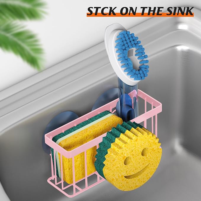 MURLONG Sponge Holder Smiley Face,Sink Caddy,Sink Organizer with 2 Suction Cups/1 Adhesive Strips,Designed for Sponge,Soap,Dish Brush,Scrubber - Pink