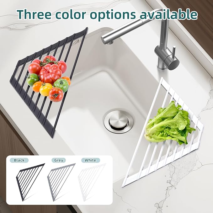 Ohuhu Corner Sink Strainer, Sponge Holder for Kitchen Sink Organizer - Silicone Wrapped Steel Anti Slip Rust Triangle Over the Sink Roll-UP Dish Drying Rack Caddy Kitchen Sink Accessories