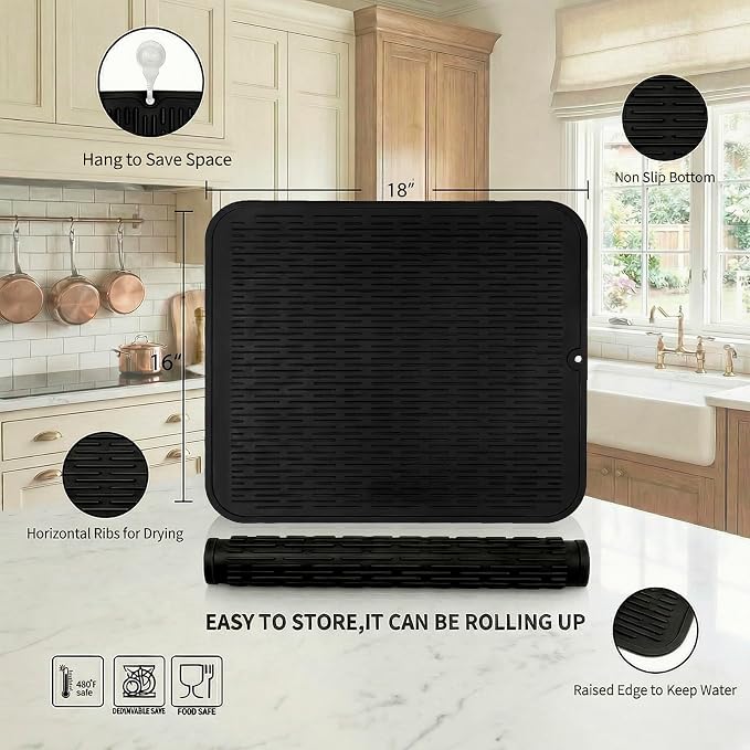 MicoYang Silicone Dish Drying Mat for Multiple Usage,Easy clean,Eco-friendly,Heat-resistant Silicone Mat for Kitchen Counter or Sink,Refrigerator or Drawer Liner Coffee XL 18 inches x 16 inches