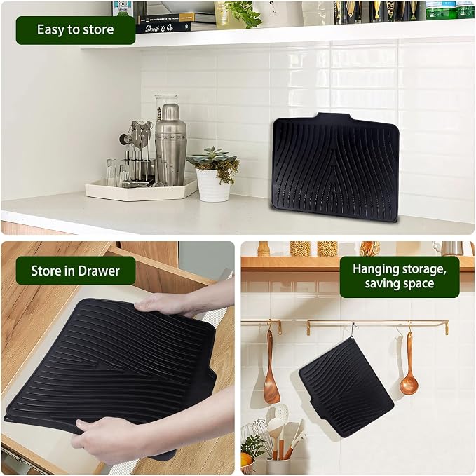 Silicone Dish Drying Mat 16x13,Food-Grade Silicone,Easy Clean Pad for Countertop Protection,Heat Resistant,Easy Clean,Non-Slip Drain Pad with Built-in Drain,Multi-Functional Use,Black