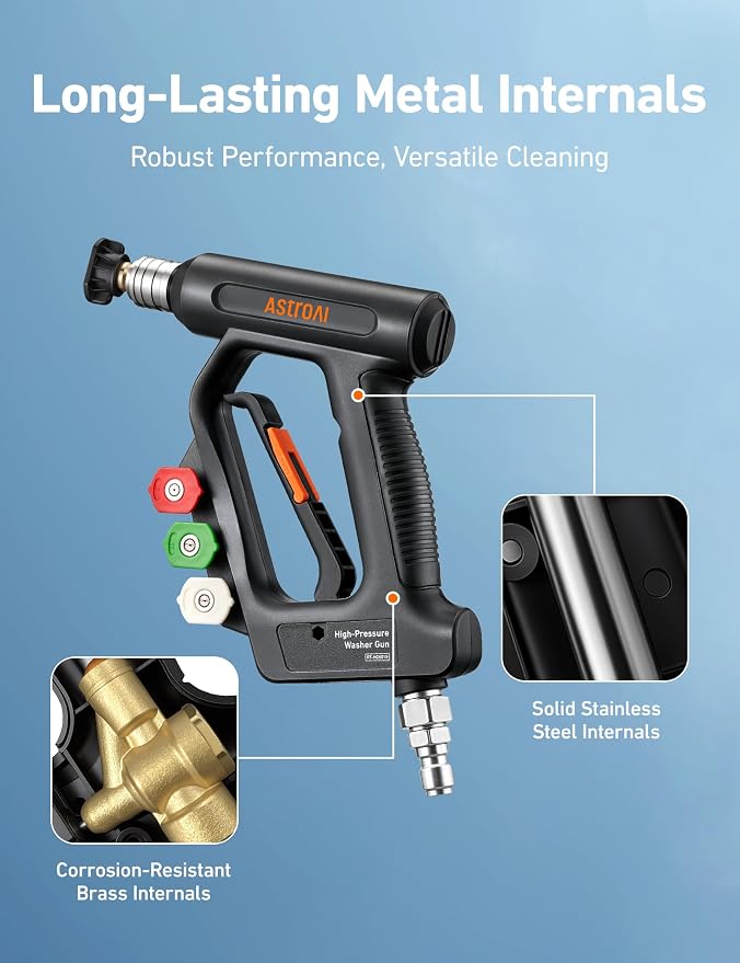 AstroAI Short Pressure Washer Gun with Swivel, 3/8" Quick Connect, 4060 PSI | for High Pressure Washer, 3/8" & 1/4" Quick Connect, with 4 Nozzles, Car Wash, Comfort Grips, Inner Brass, fit Foam Cannon
