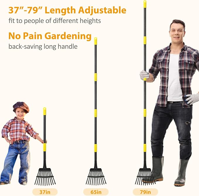Rake for Leaves, Leaf Garden Rake, Yard Rakes for Lawns Heavy Duty, Metal Tools with 9" Small Narrow Head, 37”-79” Adjustable Long Handle, 11 Steel Tines, Quick Clean up Tool for Shrub, Camping