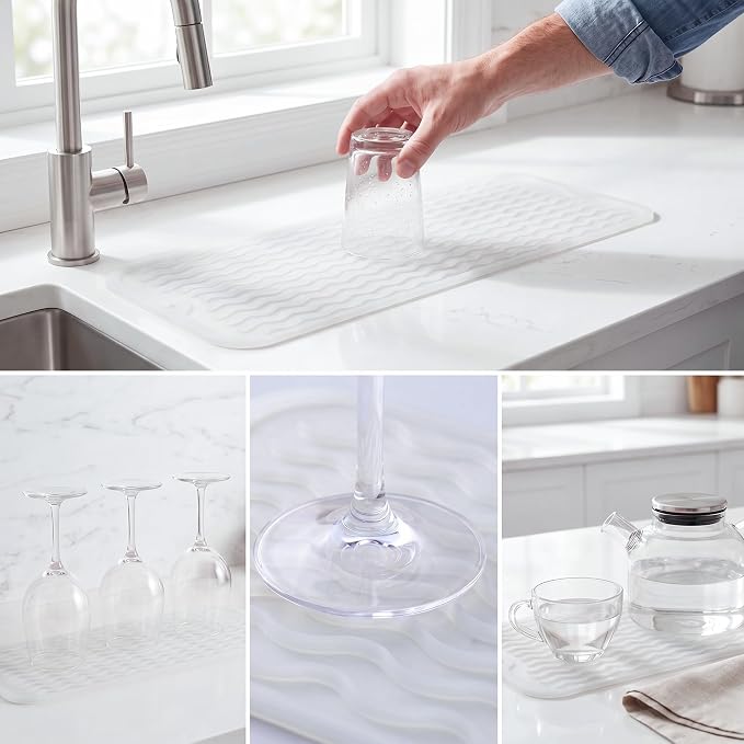 MicoYang Silicone Dish Drying Mat for Multiple Usage,Easy clean,Eco-friendly,Heat-resistant Silicone Mat for Kitchen Counter,Sink,Bar,Bottle,or Cup Translucent M 17 inches x 6 inches